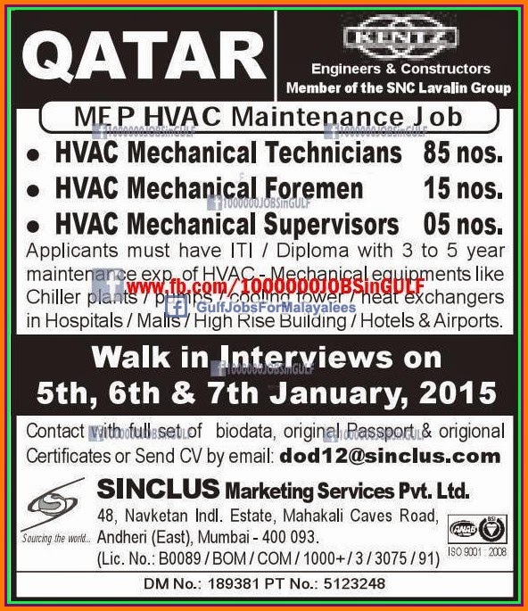 Engineers & Construction Jobs for Qatar Gulf Jobs for Malayalees