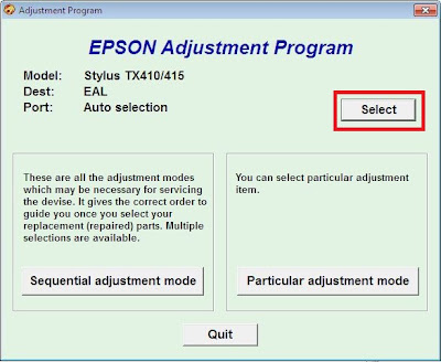 Primer paso para ejecutar el programa Adjustment para resetear impresora Epson.