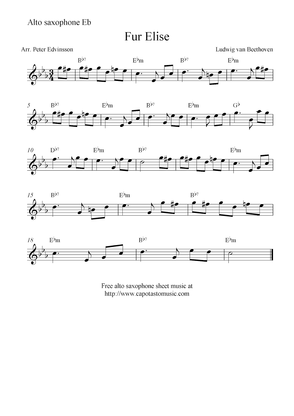 Fur Elise Free Alto Saxophone Sheet Music Notes