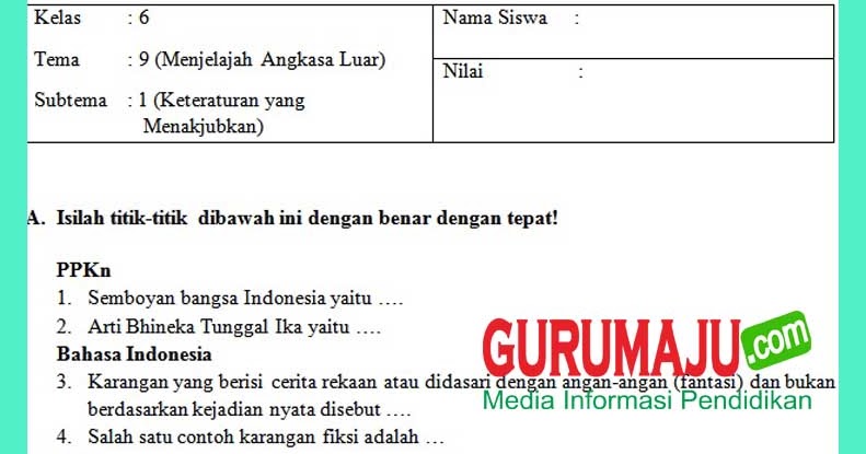 Soal Uh Ph Kelas 6 Tema 9 Kurikulum 2013 Revisi 2018 Guru Maju