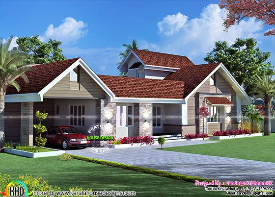 Sloping roof single floor house with stair room