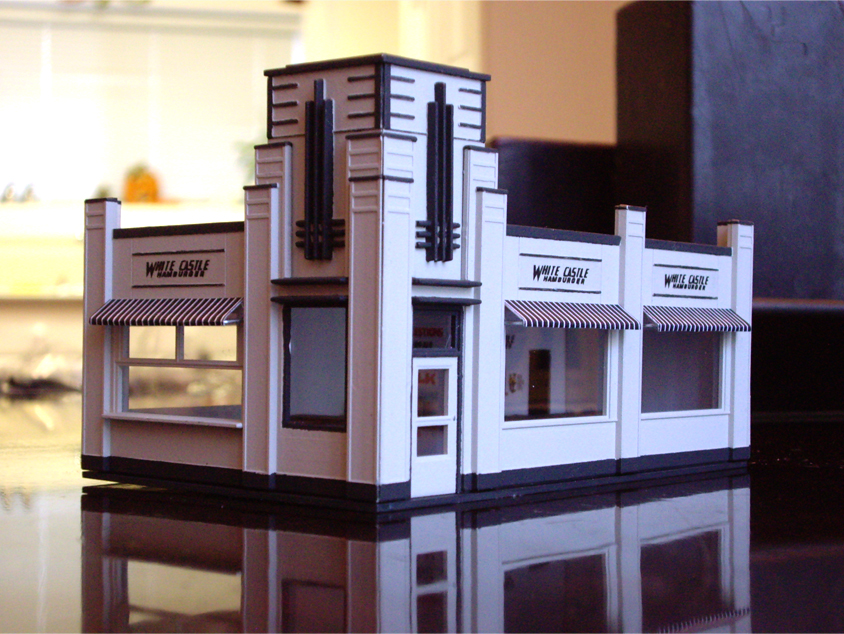 Completed Walthers White Castle kit displayed on a kitchen table