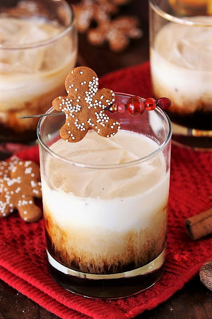 Gingerbread White Russian image ~ jazz up the classic White Russian combination of Kahlua, vodka, and cream with traditional gingerbread spices to create one totally tasty cocktail perfect for the holidays.