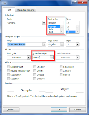 Font Dialog Box of MS Word 2007