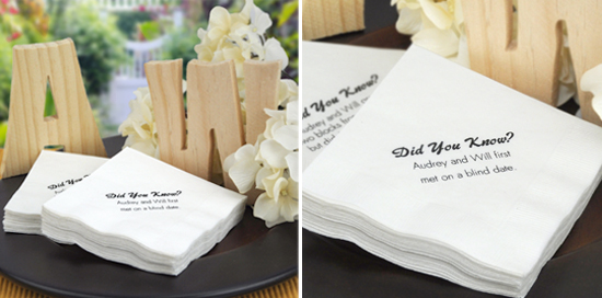 White napkins printed with facts about the bride and groom.