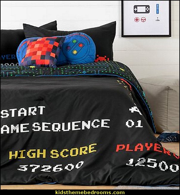 Video Game Reversible Comforter Set  Gamer bedroom - Video game room decor - gamer bedroom furniture - gamer wall decal stickers - Super Mario Brothers Wall Stickers - gamer bedding - Super Mario Brothers bedding - Pacman decor -  Retro Arcade bedrooms - 80s video gamers - gamer throw pllows - minecraft bedroom ideas - minecraft bedroom decor