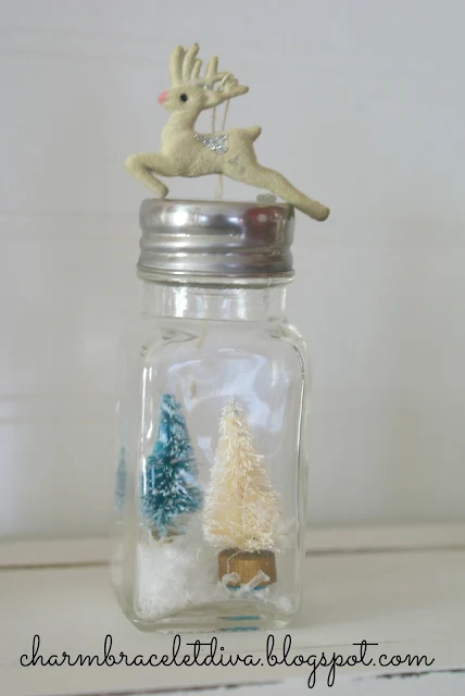 DIY vintage salt and pepper shaker snow globes reindeer bottle brush tree