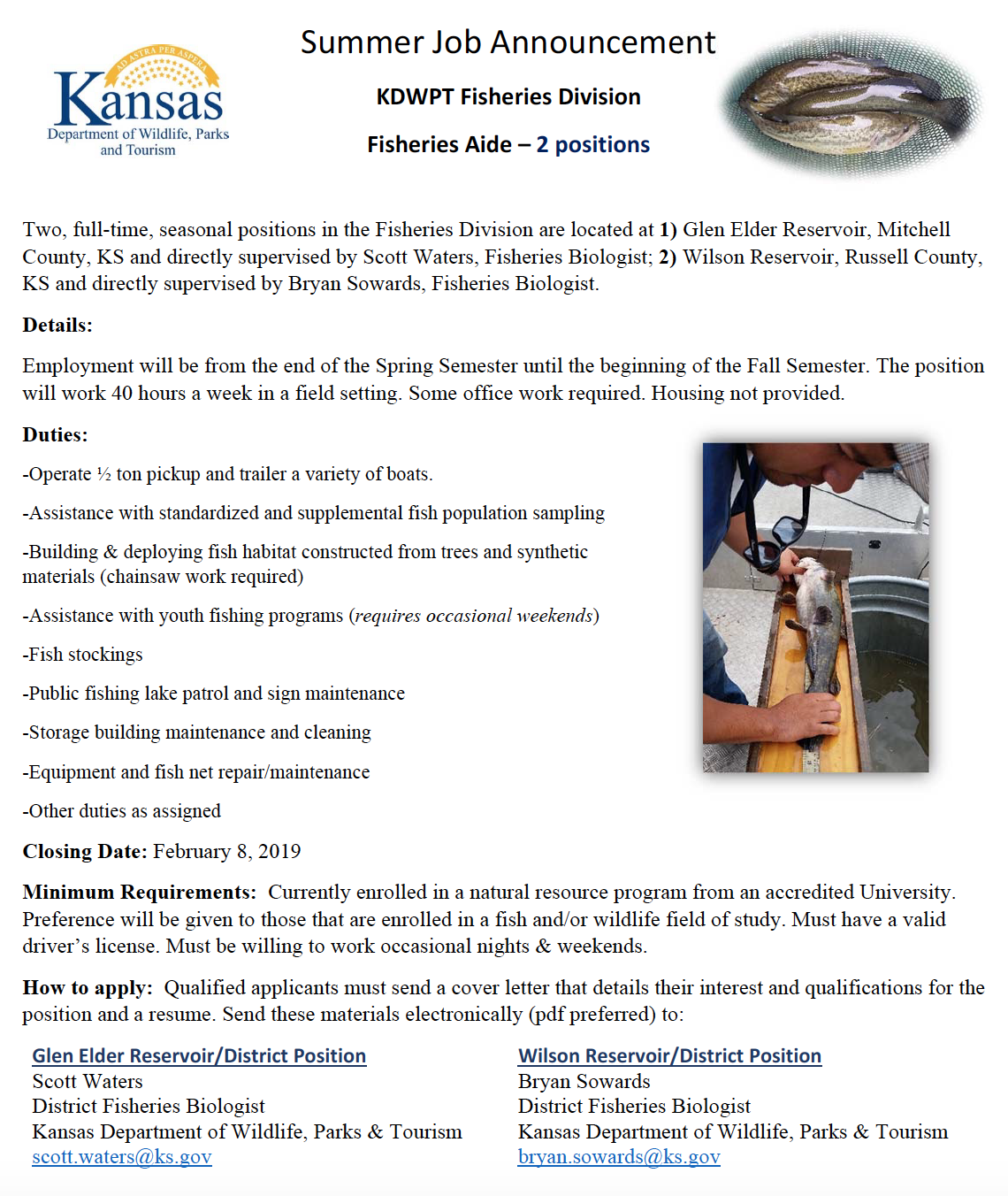 Kansas Chapter of the American Fisheries Society 2 Kansas Job Openings Glen Elder and Wilson
