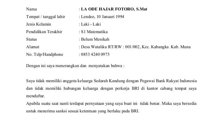 Contoh Surat Pernyataan Tidak Memiliki Keluarga Di Bank Bri Contoh Surat