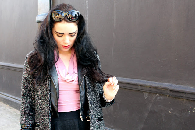 London fashion blogger Emma Louise Layla - pale pink, grey tweed and black leather outfit