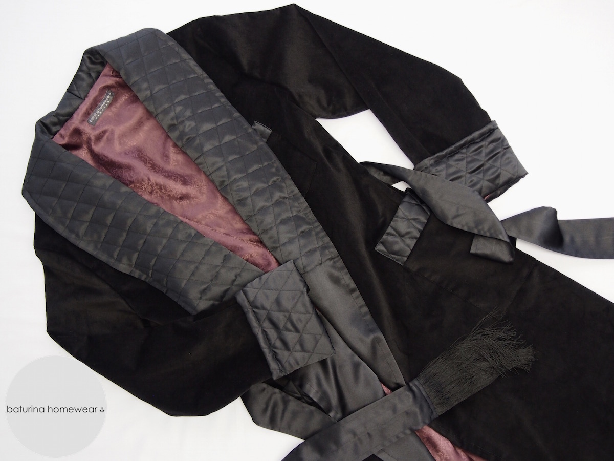 Black Cotton Velvet Men's Luxury Dressing Gown, Long and Warm