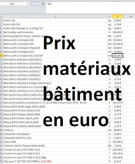 prix matériaux bâtiment en euro sur fichier excel
