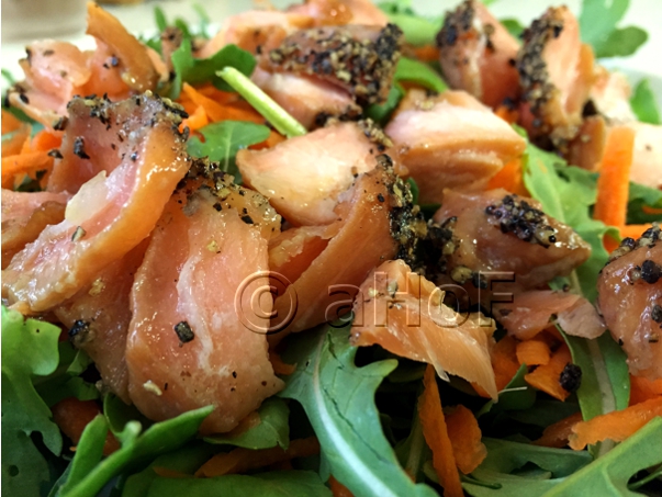 arugula, salad, salmon, flaked salmon, marinade