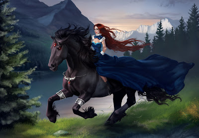 Hermosa mujer sobre su caballo negro - Girl and black horse