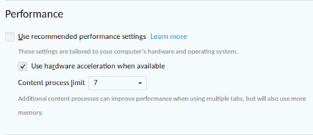 Opsi meningkatkan content process limit di menu Preferences Firefox 57