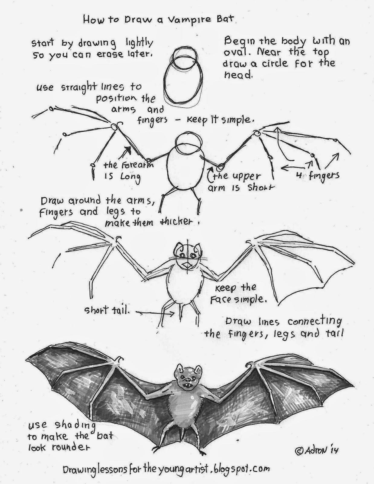 How to Draw Worksheets for The Young Artist: How To Draw a Vampire Bat ...