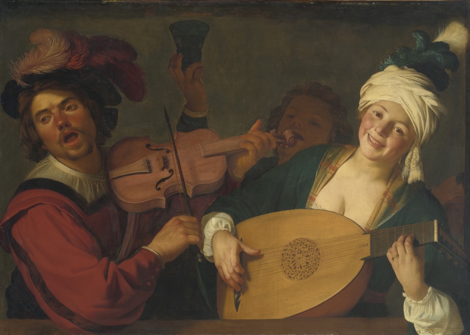 Gerrit van Honthorst A merry group behind a balustrade with a violin and a lute player