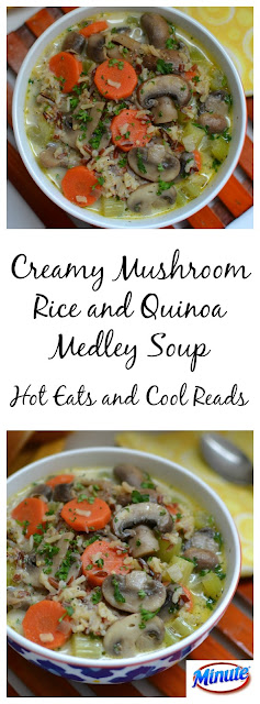 A delicious meatless soup that's ready in less than 30 minutes! So hearty and great leftover! Creamy Mushroom Rice and Quinoa Medley Soup Recipe from Hot Eats and Cool Reads