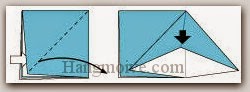Bước 3: Từ vị trí mũi tên, mở lớp giấy trên cùng ra, kéo và gấp lớp giấy sang phải sao cho hai đỉnh trùng nhau.