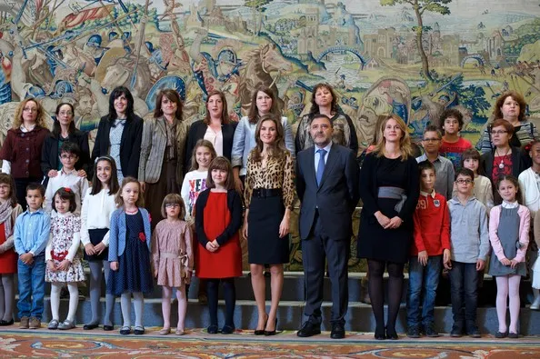 Princess Letizia wore Hugo Boss leopard blouse and Boss black skirt. Style of Princess Letizia