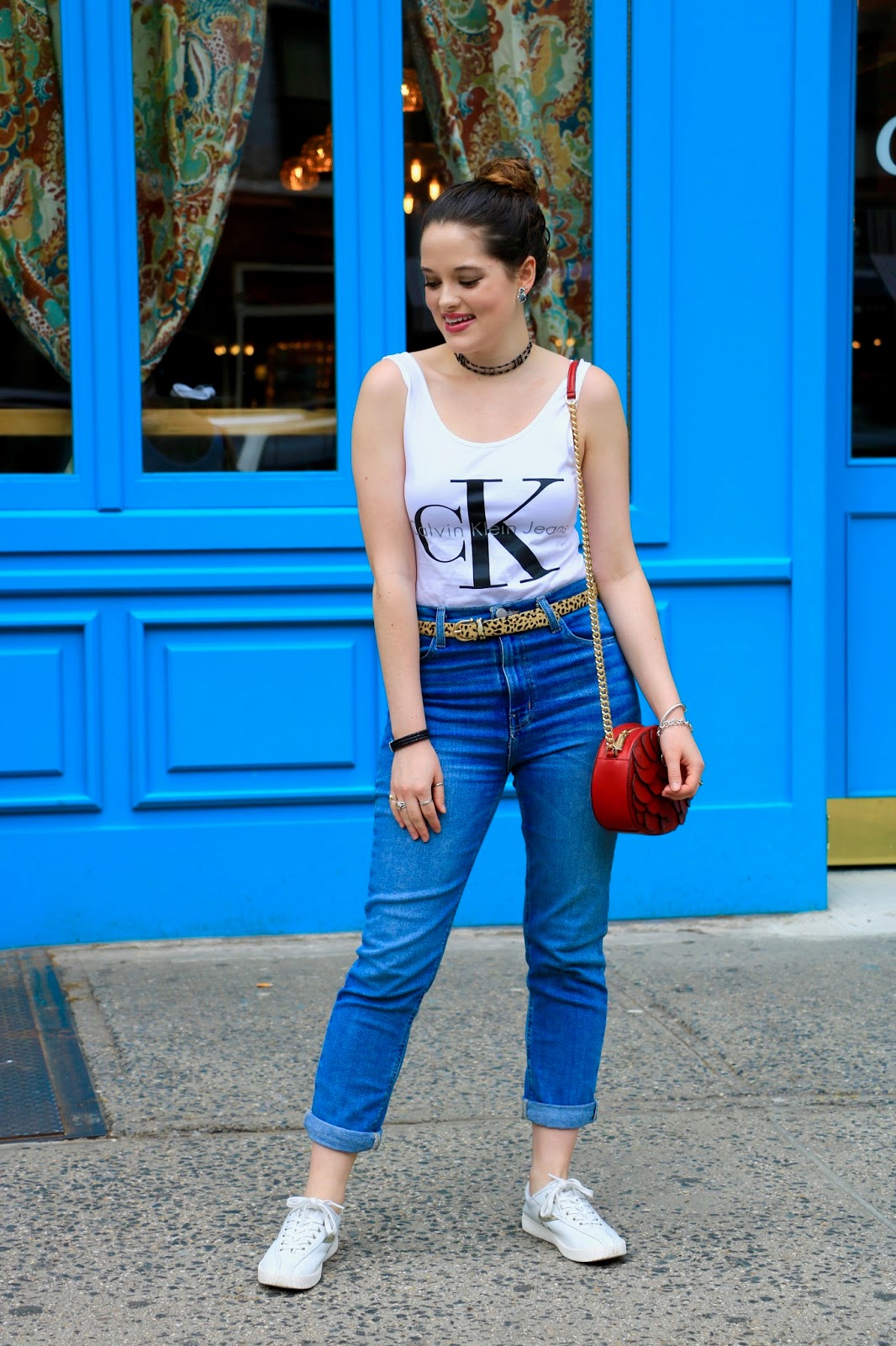NYC fashion blogger Kathleen Harper wearing high-waisted mom jeans with bodysuit