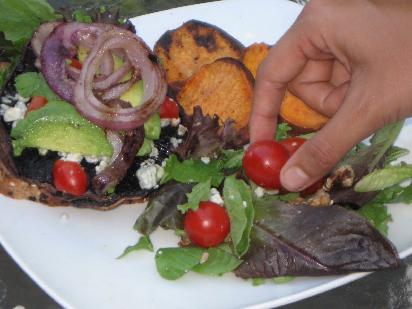 My First Garden Vegetarian BBQ Portobello Burger with Eggplant, Grilled Onions and Sweet