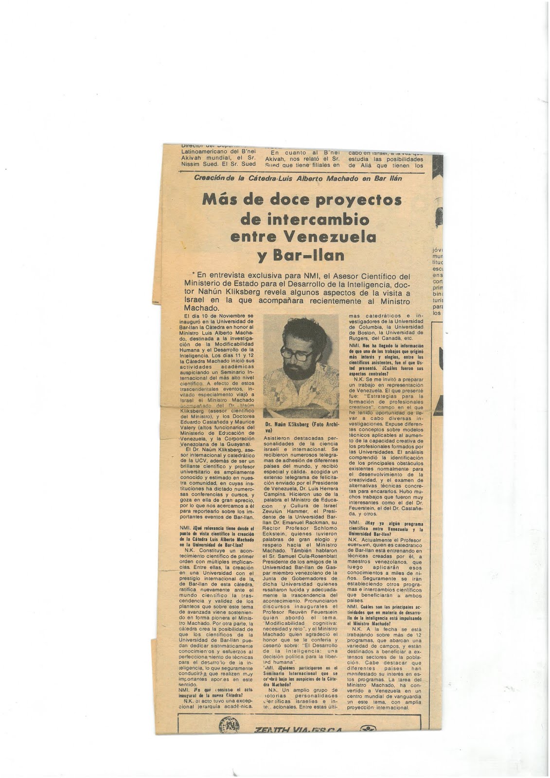 34 - Periódico Nuevo Mundo Israelita,Venezuela ,5/12/1980. Reportaje a Naum Kliksberg.
