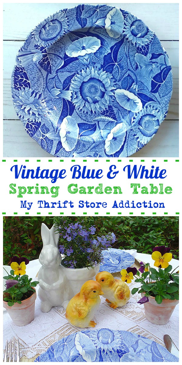 Spring flowers blue and white garden table 