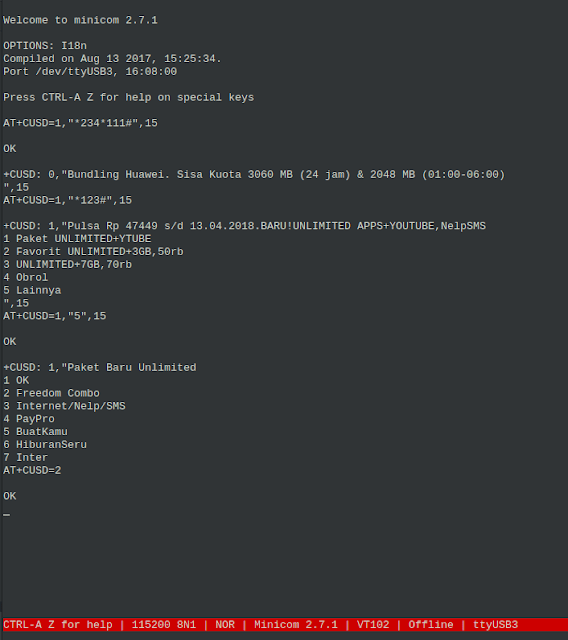 Menjalankan USSD di minicom Jendela minicom ketika menjalankan perintah USSD