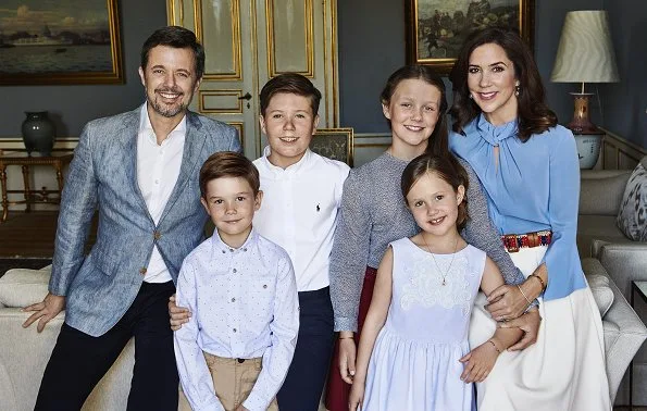 Crown Princess Mary wore VICTORIA BECKHAM flare sleeve knot blouse. Prince Christian, Princess Isabella, Prince Vincent and Princess Josephine