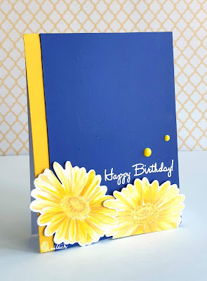Hero Arts Daisy stamp Stamp and cut, Copic markers, Copic colouring flowers, Daisy colored with copics, Navy blue and yellow card, cards by Ishani, CAS card, Quillish, Birthday card, floral card