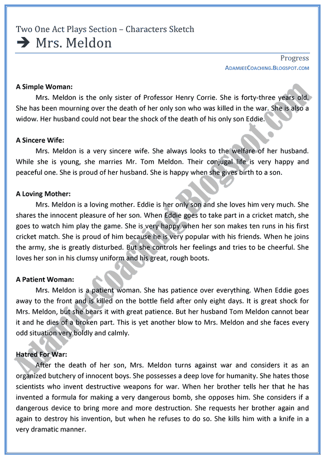 Adamjee Coaching Mrs Meldon Characters Sketch English XI