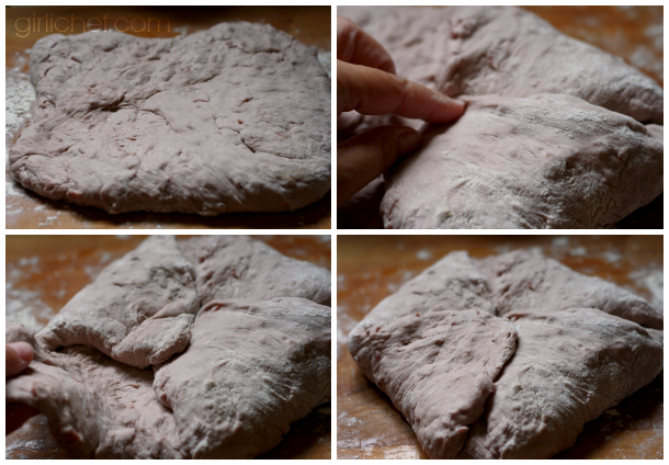 turning and folding the dough for Beaujolais Bread Rolls #BreadBakingBabes
