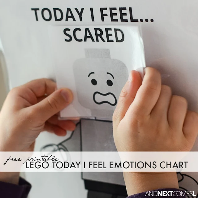 Free printable LEGO "Today I feel" visual emotions chart for kids from And Next Comes L