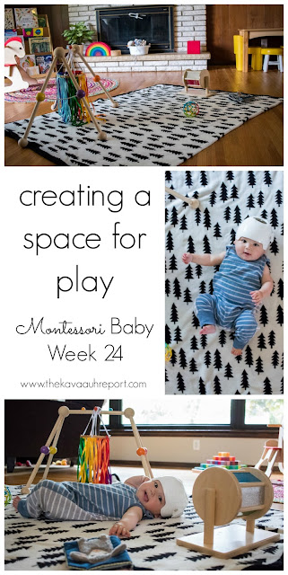 Creating a Montessori baby play space for a non-moving baby. Setting things around the floor can help to encourage movement and the free exploration of materials. 