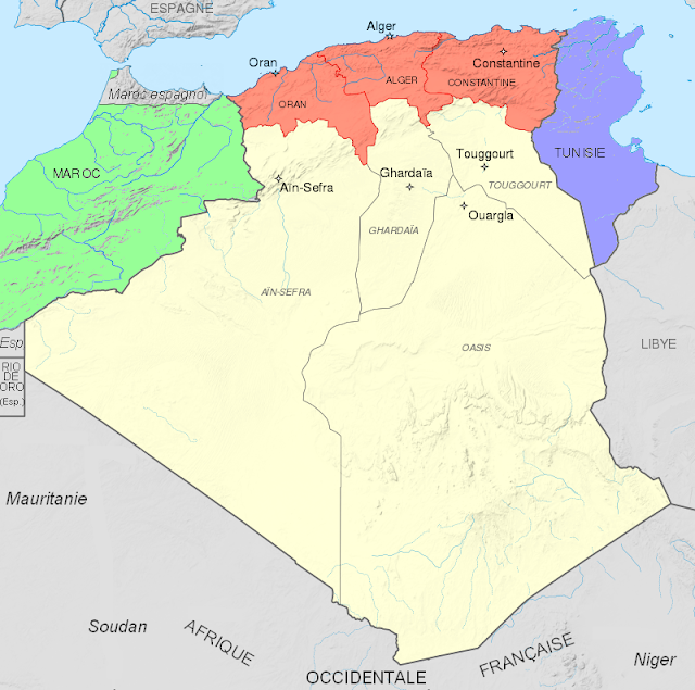 origine image : https://fr.m.wikipedia.org/wiki/Fichier:Départements_français_d'Algérie_1934-1955_map-fr.svg -- modifiée par Herald Dick