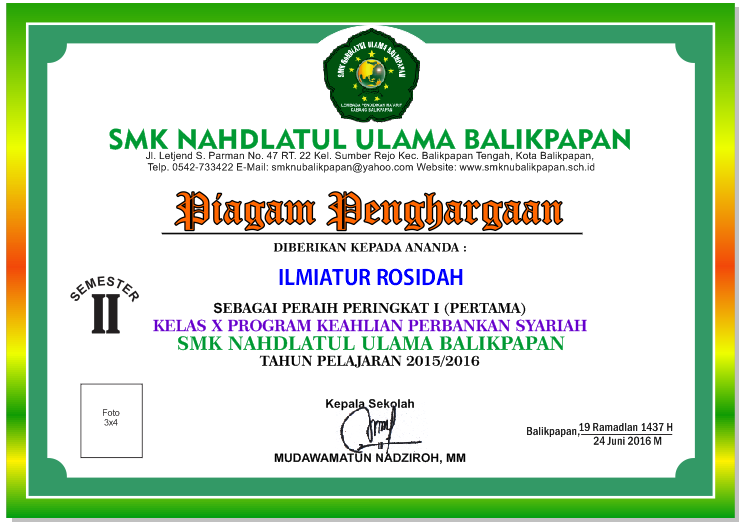 Desain Piagam Penghargaan Ranking Kelas Sekolah Islam