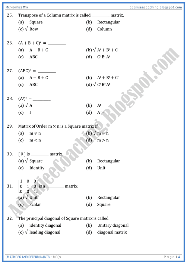 Adamjee Coaching Matrices and Determinants MCQs Mathematics 11th