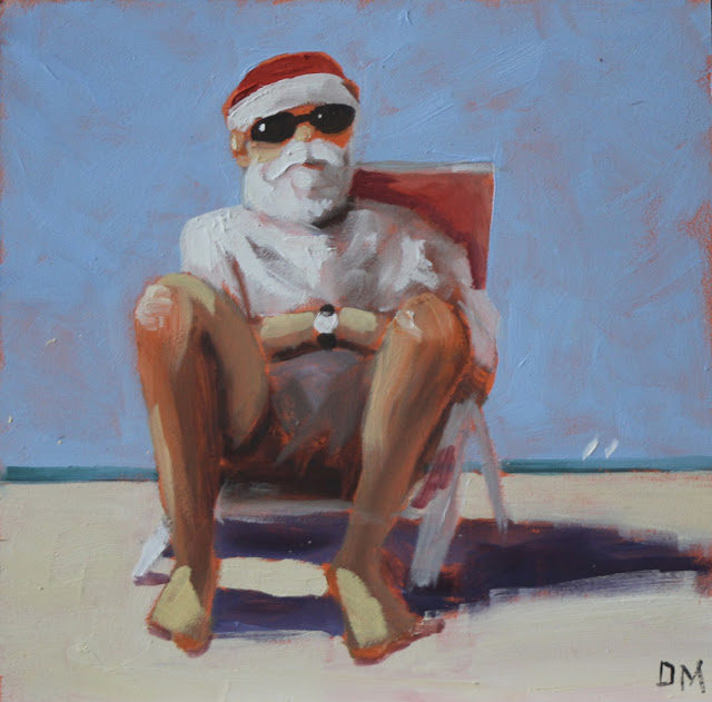 painting of Santa Claus sitting in beach chair, beach painting, santa at the beach