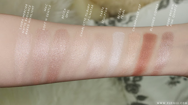 High End Highlighters - Laura Mercier Matte Radiance Baked Highlight, Mac Soft and Gentle, Becca Opal, Charlotte Tilbury Filmstar Bronze and Glow, Tarte Sculptor, Becca Champagne Glow Palette (Pearl, Champagne Pop, Blushed Copper), Bobbi Brown Pink Quartz