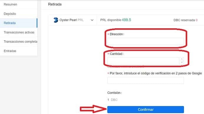 retirar enviar wallet monedero Oyster Pearl PRL monedas criptomonedas Oyster Pearl almacenar