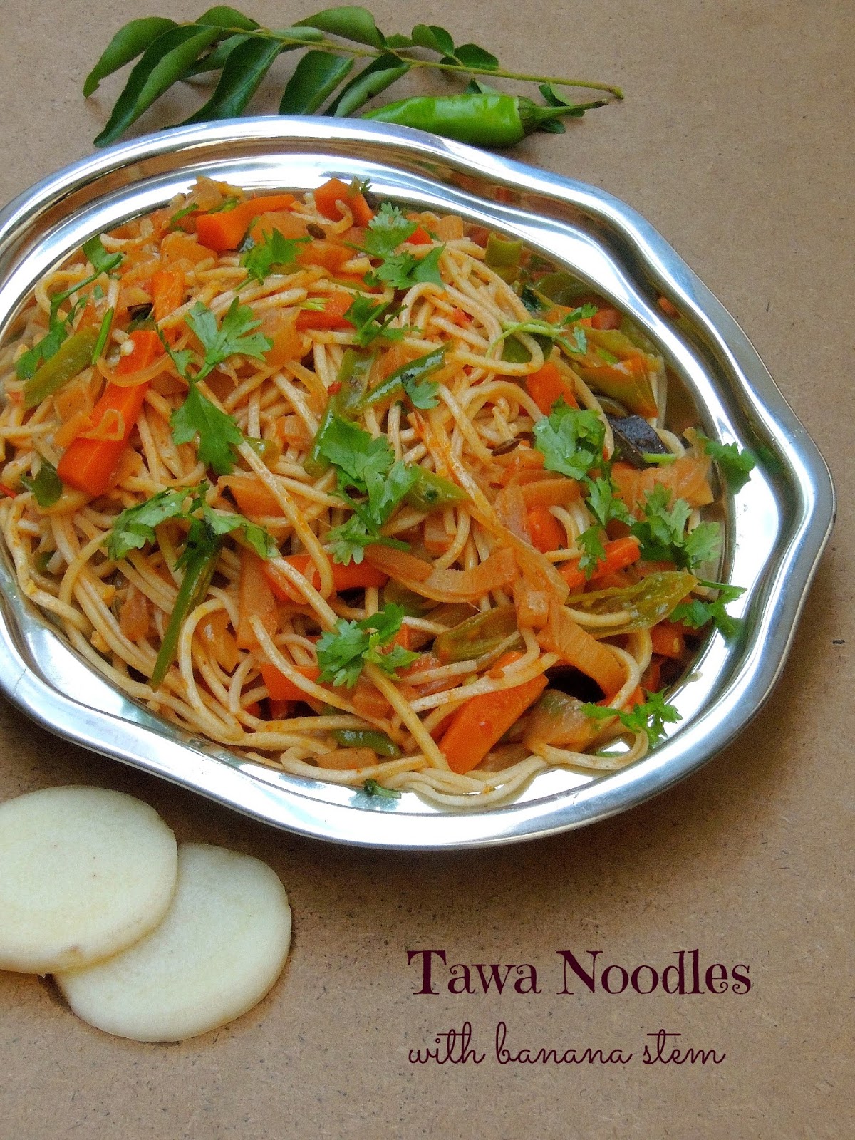 Priya's Versatile Recipes Tawa Noodles with Banana Stem/Vazhaithandu