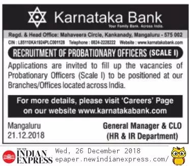 Karnataka Bank Probationary Officers Recruitment Notification 2018