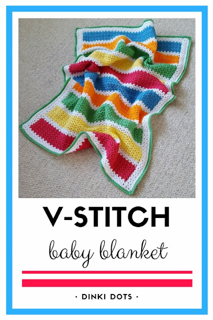 Looking for a quick and cute free pattern for a baby blanket?  Try this colourful unisex v-stitch crochet blanket!