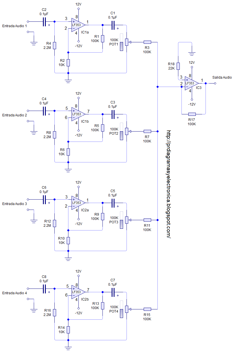 Producciones Rek, Diagramas y Electronica: Mezclador de Audio de 4 Canales