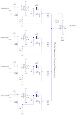 Producciones Rek, Diagramas y Electronica: Mezclador de Audio de 4 Canales