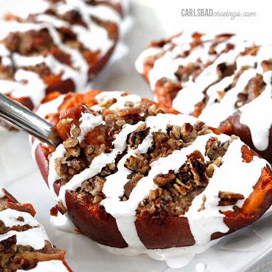 Twice Baked Sweet Potatoes with Bacon Pecan Streusel | by Carlsbad Cravings