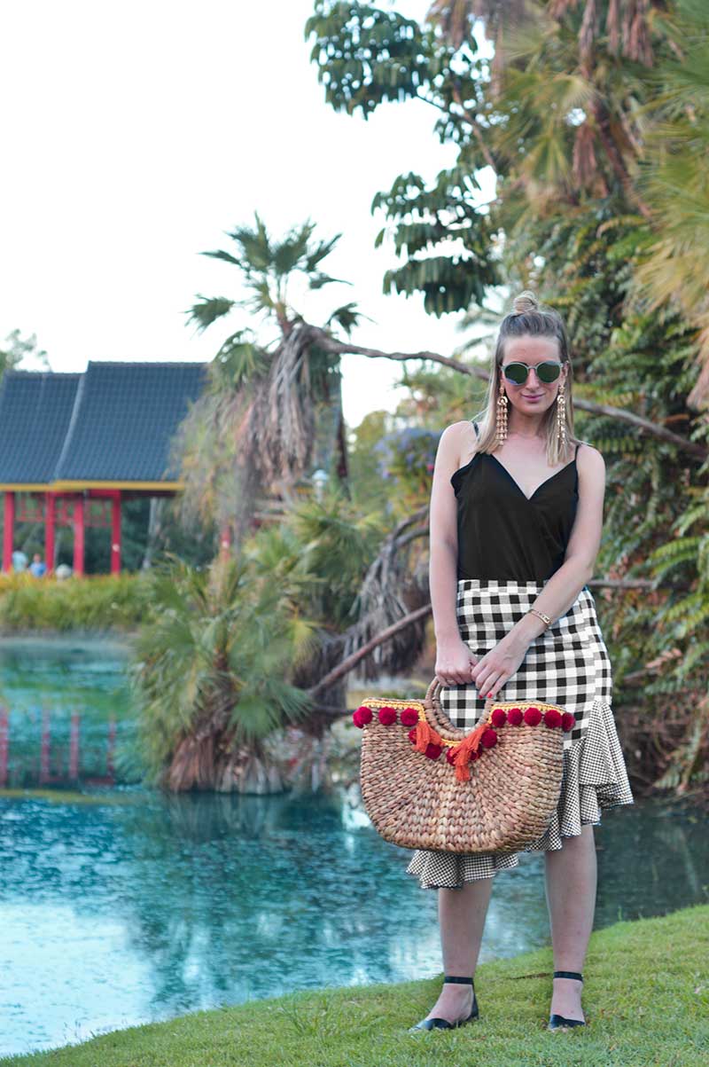 summer outfit idea gigham ruffle skirt with black top and pom pom basket bag at cairns centary lakes summer outfit idea gigham ruffle skirt with black top and pom pom basket bag at cairns centary lakes