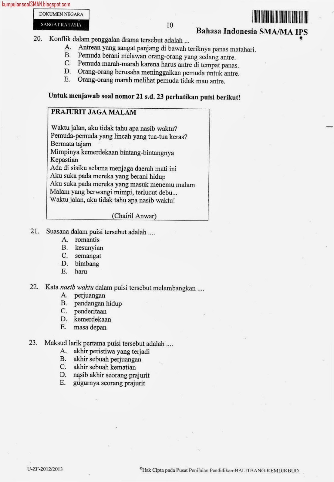 Soal UN Bahasa Indonesia SMA/IPS Kode 55 2012/2013