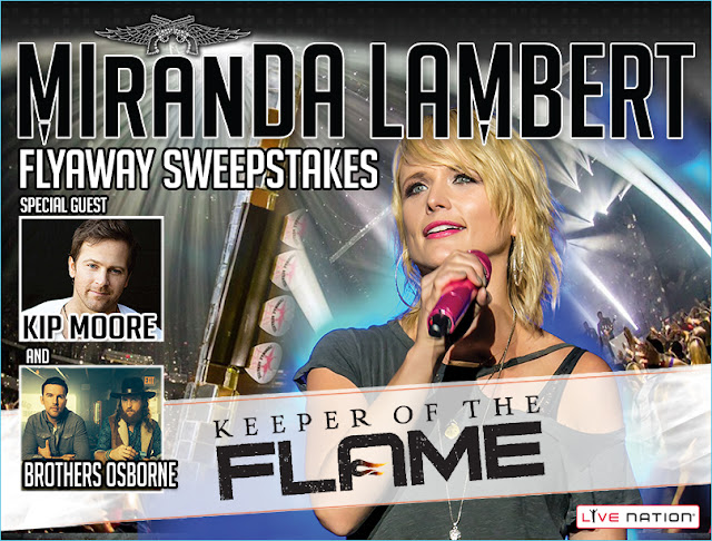MIRANDA LAMBERT KEEPER OF THE FLAME TOUR FLYAWAY SWEEPSTAKES Live Nation has your chance to enter once to win a vacation to West Palm Beach Florida where you'll get to see Miranda Lambert's "Keeper Of The Flame" tour show and more!
